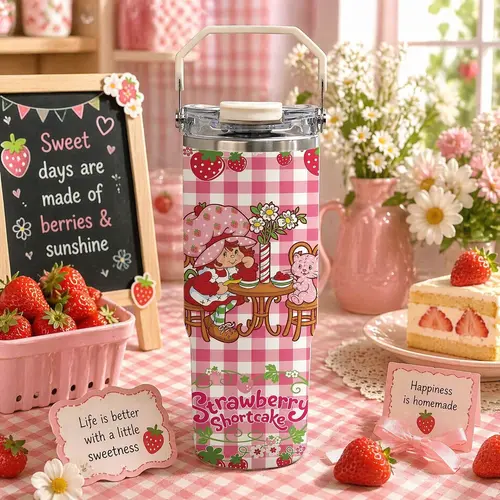 1 Pc 30oz Insulated Mug With Handle, Leakproof Insulated Tumbler Cup, Strawberry Girl Design, Leak Proof Lid, Keeps Hot 12 Hours Cold 24 Hours, Large Capacity Thermal Mug For Hot Cold Drinks, Travel Mug Gift For Women Birthday, Drinkware