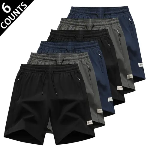 Men's 6-Pack Quick-Dry Polyester Blend Athleisure Casual Shorts, Loose-Fit Activewear with Breathable Weave, Zipper Pockets for Gym Workouts & Outdoor Hiking