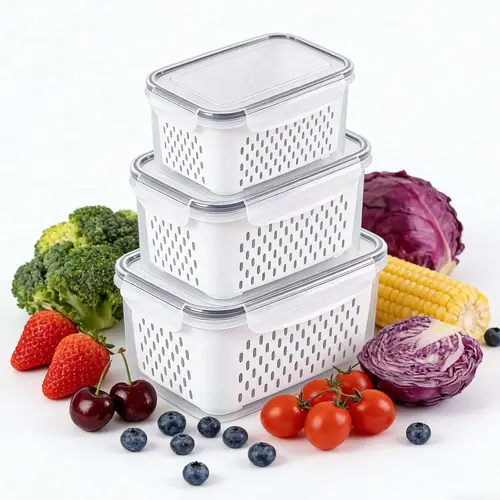 Airtight Insulated Food Storage Containers (3-Count) - BPA-Free, Stackable, Multi-Size Fridge Organization Keepers with Removable Rinse & Drain Strawberry Basket, Separates Moisture, Extends Freshness, Kitchen Utensil, Airtight Food Storage Solutions