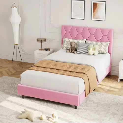 Garvee Pink Twin Bed Frame with Upholstered Headboard, Heavy-Duty Platform Bed Frame with Strong Wood Slats, No Box Spring Needed/Noise Free/Easy Assembly,dorm essentials,home decor
