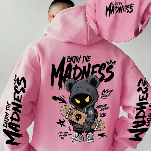 New Men's Hooded Graphic Print Sweatshirt, Premium Trendy Skateboard Bear Print Pullover Hoodie, Polyester Material, Kangaroo Pocket, Casual Fitted Style, All Seasons