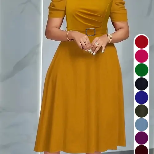 Summer Camel Bubble Sleeve Midi Dress, Slim-Fitting A-Line with Waist Belt, Elegant Chic Everyday Office Wear, Perfect for Church Weddings