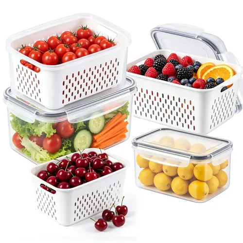 4 Pack Large BPA-Free Plastic Food Storage Container Set - Airtight, Leakproof, Multifunctional Preserving Box with Removable Strainer Lid, Fridge Organizer, Meal Prep Organiser for Produce, Great for Picnics, Camping, Trips