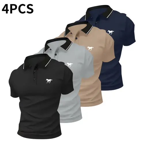4-Pack Men’s Polo Shirts – Soft, breathable cotton fabric; comfortable short length with casual fit and sleeve design; classic buttoned collar suitable for work, golf, travel, and everyday wear.