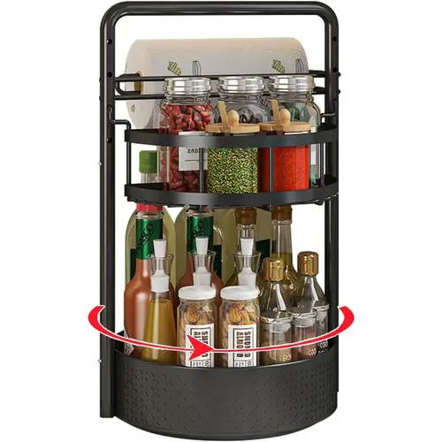 Black 2-Tier Rotatable 360° Rotate Spinning Storage Rack with Paper Towel Holder & Adjustable Shelf, Space-Saving Lazy Susan Kitchen Organizer for Countertop Cabinet, Home Essential, Seasoning, 2 Tier Turntable
