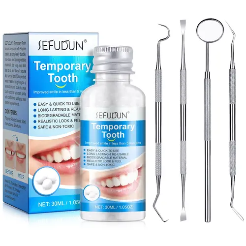 Temporary Dental Repair Kit, 1 Bottle Tooth Repair Particles + 4 Tools, Pliable Tooth Repair Beads, Home Solution for Denture Replacement, Self Molding Dentures, Moldable Dentures, Shapeable Denture Pellets