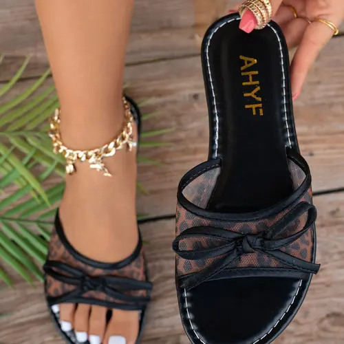 Leopard Print Mesh Bow Decor Fashion Flat Slides, Casual One-Band Slip-On Slide Sandals, Comfortable Women's Footwear for Daily Use Summer