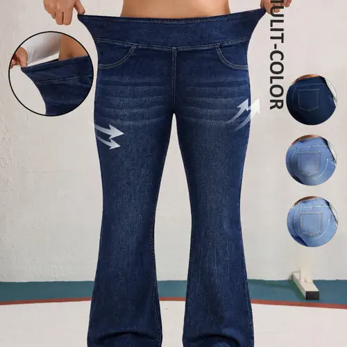 Women's Plus Size High-Elastic Blue Denim Dark Wash Highrise Flare Pants, High Waisted Flare Denim Bell Bottoms with Butt-Lifting Leg-Shaping Fit, Wide Stylish Simple & Versatile Casual Washed Long Pants