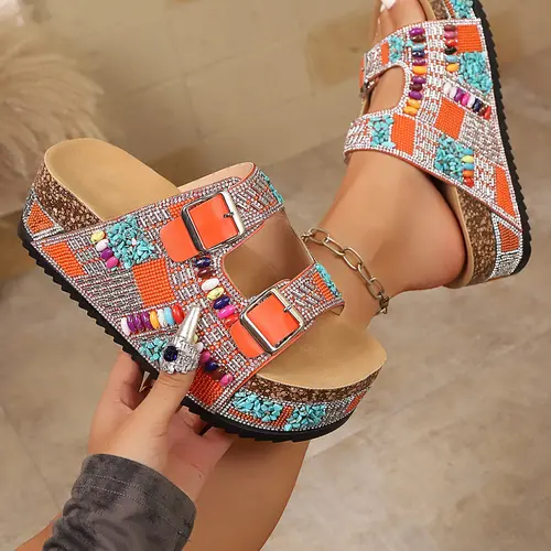 New Summer Women's Fashion Rhinestone Fisherman Sandals, Summer Footwear, Flat Bottom Beach Shoes, Thick Sole Jute Rope Water Drill Soft Wood Slip-On