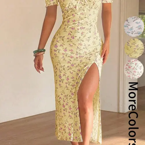 Summer Elegant Women's Ditsy Floral Bodycon Fit Dress, Bohemian Style Casual Dress, Off-Shoulder Split Dress, Perfect for Daily Wear, Holiday, Vacation