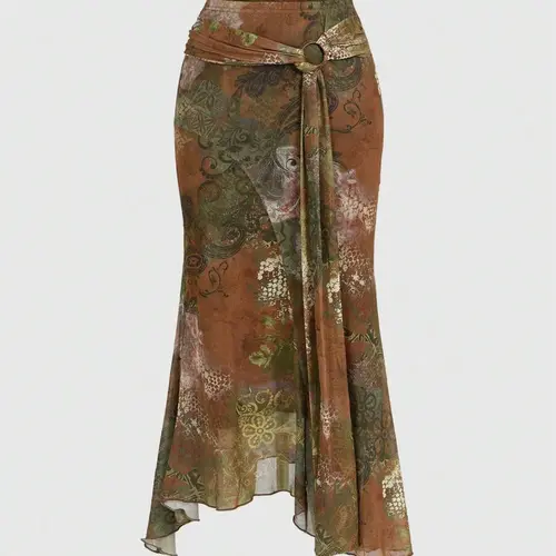 Women's Boho Vintage Asymmetrical Paisley Print A-Line Fit Skirt, Chic Boho Style, Elastic High-Waisted Fishtail Hem, Fall Style Fashion Bottoms, Wedding & Vacation Wear