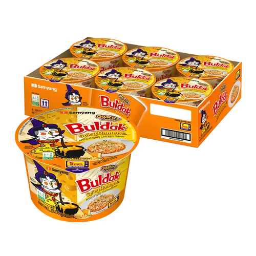 Buldak Quattro Cheese Hot Chicken Spicy Flavor Korean Instant Ramen Noodle Big Bowl, Easy Prep, Convenient (Pack of 6) for Spicy Food Lovers, Spicy Food Lover