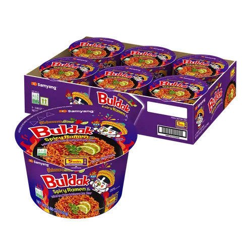 Buldak Pack of 6 Habanero Lime Hot Chicken Spicy Flavor Korean Instant Ramen Noodle Big Bowl Easy Prep Convenient