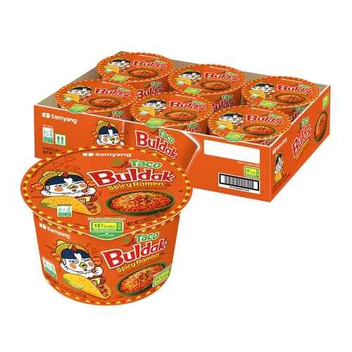 Buldak Pack of 6 Taco Hot Chicken Spicy Flavor Korean Instant Ramen Noodle Big Bowl Easy Prep Convenient