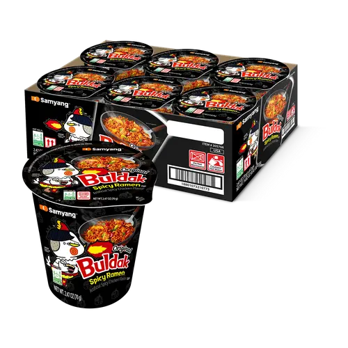 Buldak Korean Spicy Ramen Instant Cup Noodles, Stir-Fried with Addictive Intensity & Mouthwatering Kick, Spicy Instant Noodle Selection (Pack of 6)