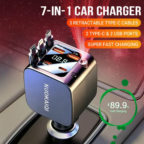 Nuokaiqi 9-in-1 Retractable Star Light Glow Car Charger with 4 Built-in Retractable Type-C Cables, Star Projector, 180° Rotating 9-Port (3 USB-C, 2 USB), Super Fast Charging, LED Voltage Display, Reusable Car Adapter for iPhone 17/16/15/14, Galaxy Devices