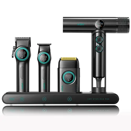 VGR Professional 4-in-1 Cordless Men's Grooming Kit - Titanium Carbon Steel Adjustable Hair Clipper, Trimmer, Foil Shaver, 9000 RPM Hair Dryer, Long-Lasting Batteries, Adapter, Charging Station, Cleansing Black Beauty Tool, Father’s Day Gift, Durable