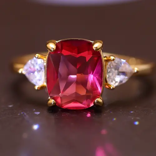Created Ruby Statement Ring, 18k Golden Plated Cushion Cut Red stone Ring with Teardrop CZ Side Stones, Elegant Daily & Engagement Jewelry Gift for Women, Red Ruby Rings, Red Statement Rings