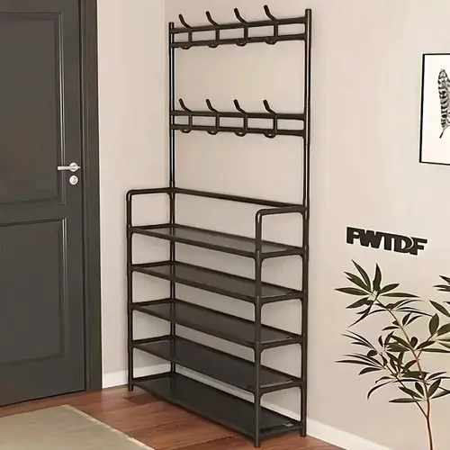 3-in-1 Entryway Organizer:  Rack with Coat Rack, 5-Tier  Storage Stand with 8 Hooks, Freestanding Hall Tree for Living Room, Bedroom shoe organizer Adjustable Shelf Rack Closet Rack