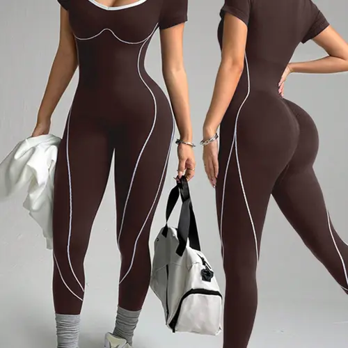 Seamless Knitted Women's Yoga Jumpsuit, Stretchy Sporty Activewear, Stretchable Activewear, Quick-Dry Fitness, All-Seasons, Hiking, Cycling, Pilates, Tight Fitting Jumpsuit, Sports Jumpsuit, Workout Jumpsuits