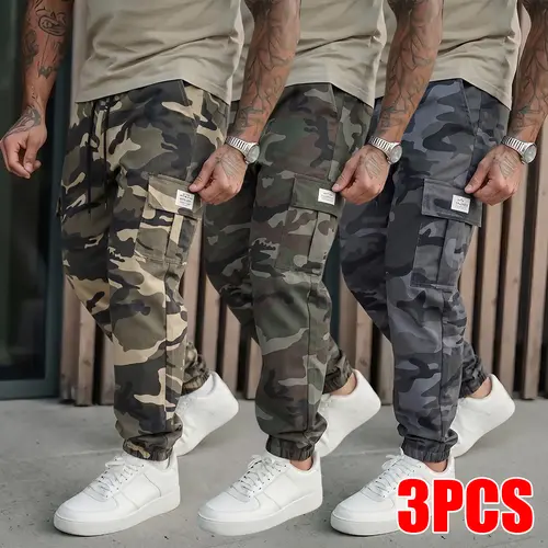 Men's 3 Pack Camo Cargo Joggers, Elastic Drawstring Waist Camouflage Pants, Multi-Pocket Tapered Cuffed Casual Streetwear Trousers for Outdoor Daily Wear