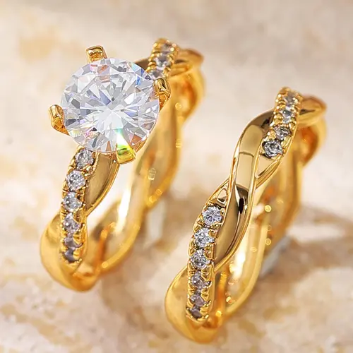 Couples’ Twisted Band Wedding Ring Sets - 4-Prong Solitaire Promise Rings, Gold-Tone Finish Luxe Look Layered Casual Wear Costume Jewelry Gifts