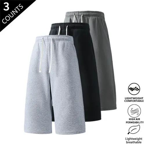 3-pack summer pants: street-style 7/8 drawstring shorts with side pockets; hip-hop style, comfortable loose fit for travel, suitable for running and everyday wear.