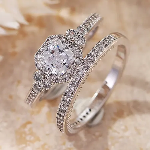 Women's Halo Wedding Ring Sets, Elegant 2-Piece Engagement Ring & Eternity Band, Bridal Statement Costume Jewelry