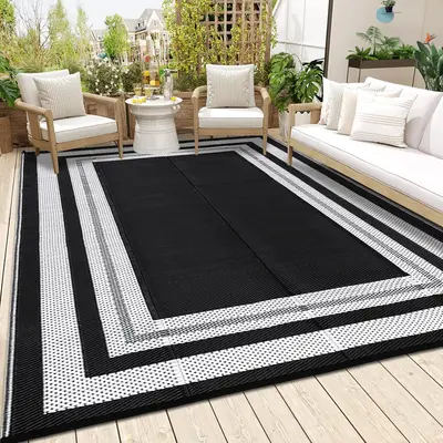 Waterproof Reversible Outdoor Patio Rug Plastic Straw Carpet, Collapsible, Washable, Modern Design for Backyard, Porch, RV, Deck, Camping, Beach