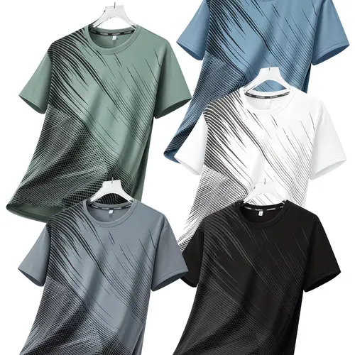 Men's 5-Pack Crew Neck Quick-Dry Stretch Polyester Short Sleeve Sport T-Shirts - All-Over Print, Dry Fit, Gym Daily Wear, Fitness Athletic Streetwear, Gym Aesthetic, Athleisure Wear, Sporty Chic for Fitness Enthusiasts