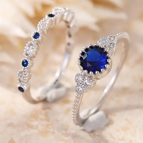 Women's Elegant 2-Piece Blue-Tone Female Rings Stack - Blue Stone Statement Bands with Milgrain Edge, Metal Coating, April Birthstone, Affordable Fashion Gift for Anniversary, Casual Wear, Birthstone Rings, Ring Stack
