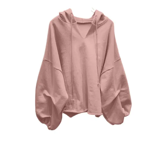 Women's V-Neck Hoodie, Casual Oversized Pullover in Soft Knit Fabric, Long Sleeve Drawstring Sweatshirt, Jeans, Leggings