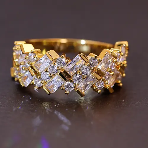 Luxury Statement Promise Ring, Golden-Tone Baguette-Cut Band with Intricate Design, Elegant Bridal Jewelry for Weddings, Engagements, Parties & Everyday Wear
