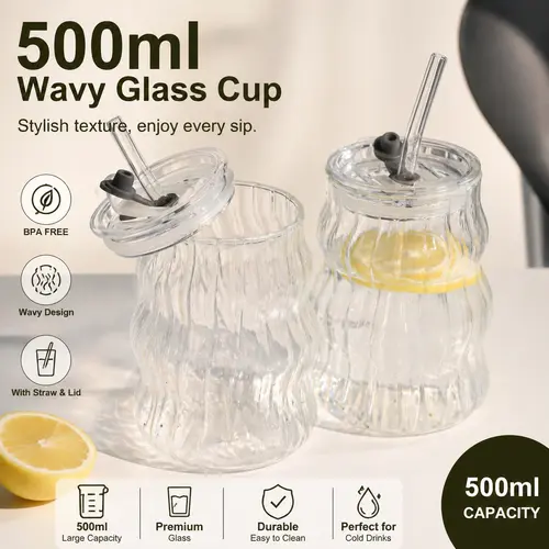 Chubby Glass Mug with Lid and Straw Glasses - Cute INS Aesthetic Reusable Kitchenware for Women, Ideal for Iced Coffee, Boba Tea, Smoothie, Lightweight Home & Daily Use Drinkware