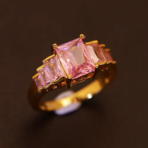 Elegant Golden-Tone Princess Cut Engagement Ring for Women, Three-Stone Statement Band with Smooth Finish, Perfect Bridal Jewelry Gift for Valentine's Day, Parties & All Special Occasions