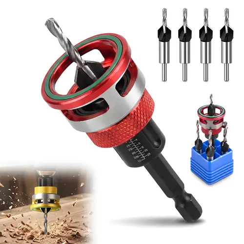 High Carbon Steel 4-Piece Countersink Drill Bit Set, 1/4"-Hex Shank Wood Drilling Bits with Adjustable Depth Control Collar, Non-Marring Bearing for Chamfering, Carpentry, DIY Projects Woodworking Kits