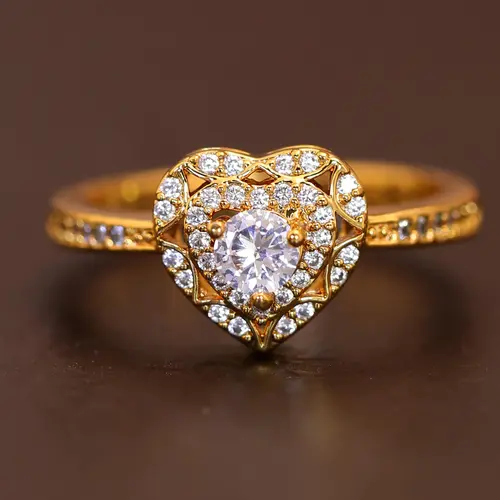 Women's Heart-Shaped Promise Ring - Golden-Tone Metal Coating Halo Design with Pavé Plain Band, Female Costume Jewelry, Romantic Gifts for Girlfriend, Sizes 6-10, Rings