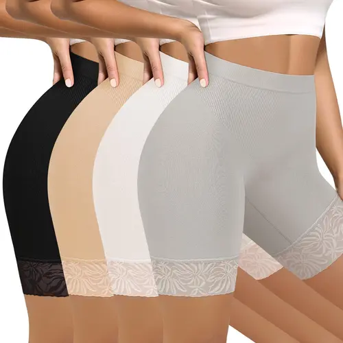 Morelect Women's 4-Pcs High-Waist Capris Underwear - Basic Cool Thin Fabric, Invisible Elastic Waist Stays Smooth, Seamless Stretch, Breathe-Easy Hem, Smooth Under Tees, Airy Lace Cuffs Keep Skin Fresh, Curvy Womenswear Easy Style for Casual Spring Summer