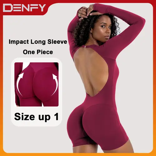 [SIZE UP 1]  [STRONG COMPRESSED] DENFY Impact Long Sleeve One Piece Unitard Fitness Gym Bralette Soft Workout Activewear