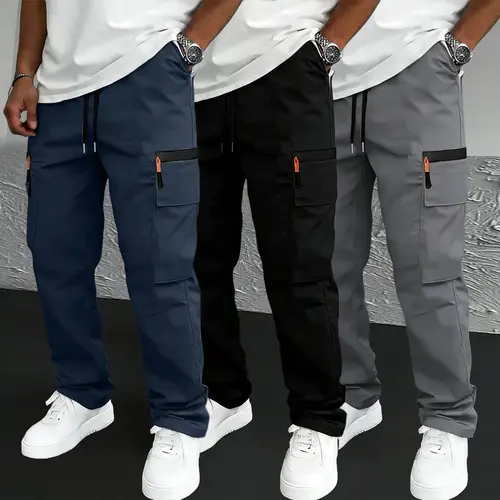 Men’s 1–3-pack solid-color tactical casual pants, featuring multiple pockets and a decorative zipper design (no rear pockets), made from lightweight, non-see-through 130 g new fabric, available in various colors (plus sizes available), suitable for everyd