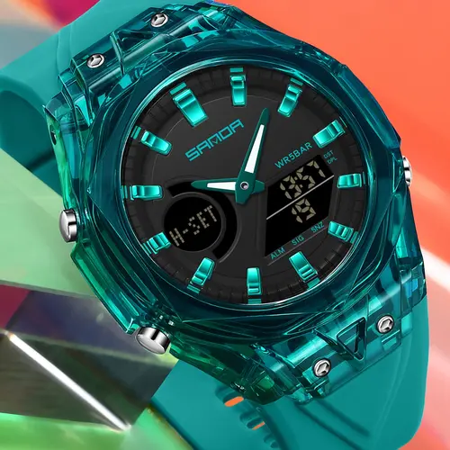 Sanda 6283 Dual Display Electronic Watch, Quartz Wristwatches, Analog Watch, 5atm Waterproof Watches, Multifunctional Sports Wristwatch, Unisex, Simple Casual Design, Dual Mechanism