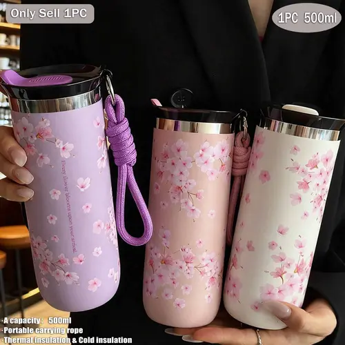 500ml Cherry Blossom Pattern Stainless Steel Insulated Coffee Cup, Portable Travel Thermal Mug, Tea Cup & Water Bottle for Office, Home and Car #GLOBAL PICKS