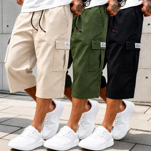 Men's 3-Pack Cargo Capri Pants - Preppy Retro 3/4 Length Cropped Look Fitted Cut, Below-Knee Casual Summer Athletic Pants with Large Pockets & Drawstring Waist