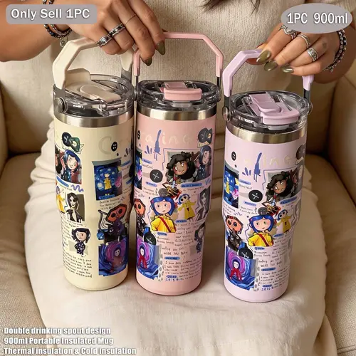 900ML-30oz Ghost Mom Theme Insulated Stainless Steel Cup Vacuum Thermo Flask Drinkware Mug, Drinkware Flasks, Stainless Steel Tumblers, Tumbler Insulated, Dual Layer, Flat Bottom, Straw & Direct Drink, Portable, Outdoor, Office, Home, Travel Gift