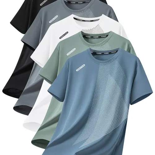 Mr.Pink.Pack of 5 men’s casual sports T-shirts; summer quick-dry men’s athletic short-sleeve shirts; stretchy, breathable printed men’s fitness training short-sleeve T-shirts—suitable for sports, and casual wear. tiktokshopspringglowup T-Shirts