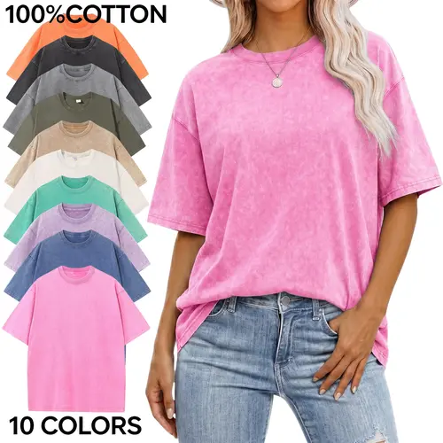 Solid color summer drop-shoulder loose vintage washed T-shirt, short-sleeve crew neck casual top, vintage distressed 100% cotton T-shirt, elegant and beautiful women’s short-sleeve top, womenswear