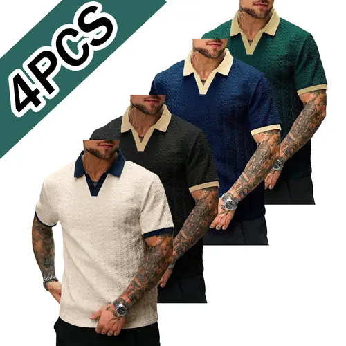 Men’s 4-Pack Color-Block Jacquard Polo Shirts - Smart Casual Style, Fresh Cool, Versatile Practical, Golf Sportswear Suitable for Everyday Wear, Menswear, Fresh Cool Polo Shirts