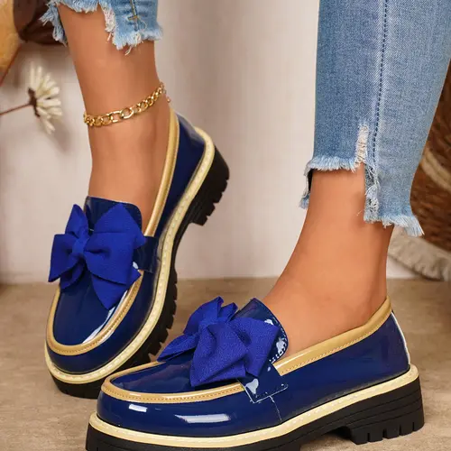 Women's Cute Bow Design Loafers, Slip On Fashion Plain Color Shoes Flats, Glossy Waterproof Casual Trendy Flat Sneakers, Comfortable Daily Wear, Perfect for Everyday