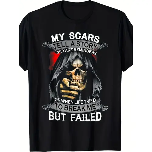 Men'S Vintage Gothic "My Scars Tell A Story" Graphic T-Shirt -  Breathable Crew Neck, Edgy Skull & Bandaged Wound Design with Inspirational Quote, Regular Fit Casual & Festival Wear, Machine Washable All-Season (S-5XL) - Statement Tee for Men