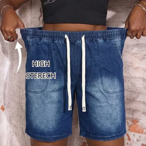 Women's Plus Size Curvy Fashion Pocket Design Jeans Bottom, Elastic Waist Loose Fit Drawstring Short Pants, Comfortable Soft Breathable Denim Shorts, Summer, All Seasons Casual Wear, Streetwear